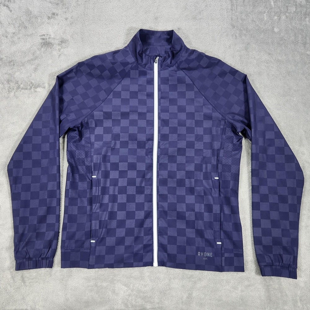 Rhone Jacket Mens Medium Blue Check Print Full Zip‎ Running Windbreaker
